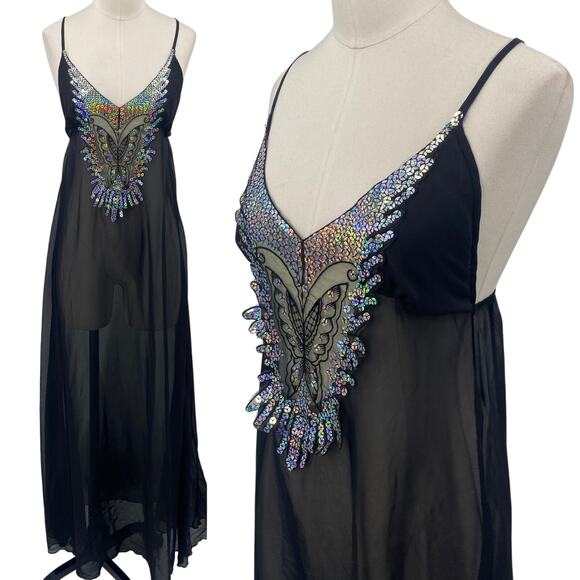 Vintage Y2k Iridescent Sequin Butterfly Nightgown Sheer Maxi Black Womens 2/4 - Picture 2 of 12